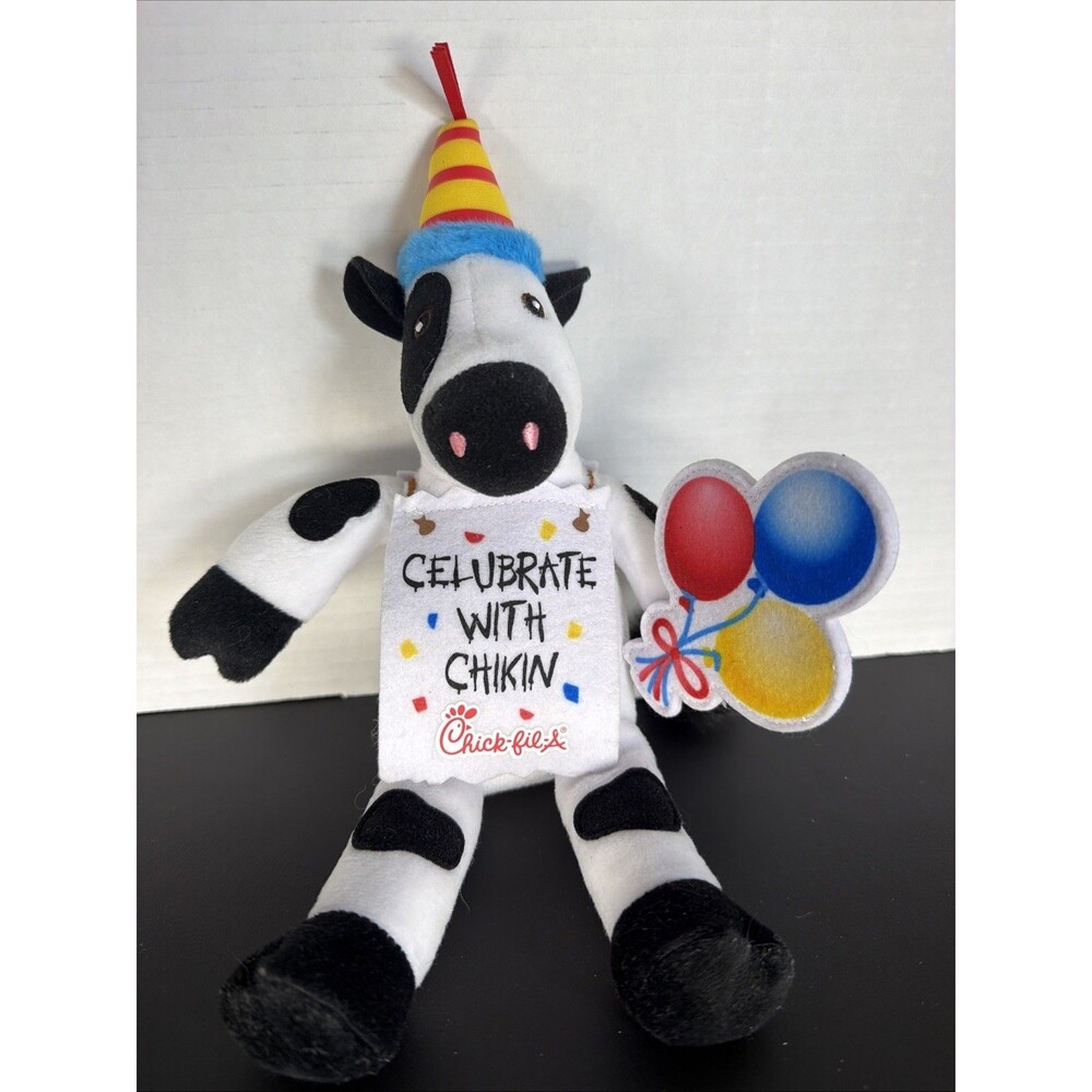 Chick-fil-A Birthday Cow Plush 10.5" Balloons Hat "Celebrate With Chikin" Toy
